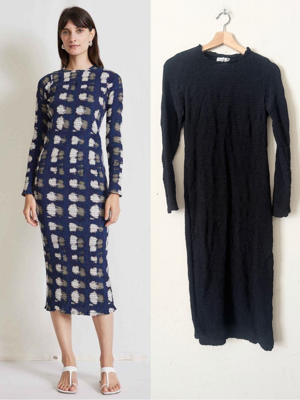 Apiece Apart New York SMALL Suenos smocked long sleeve midi dress in black